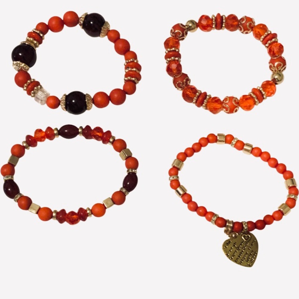 Bracelet Set 4 PC Handmade Boho Red Natural Stone Beaded Heart Charm 
Stackable - Picture 3 of 11